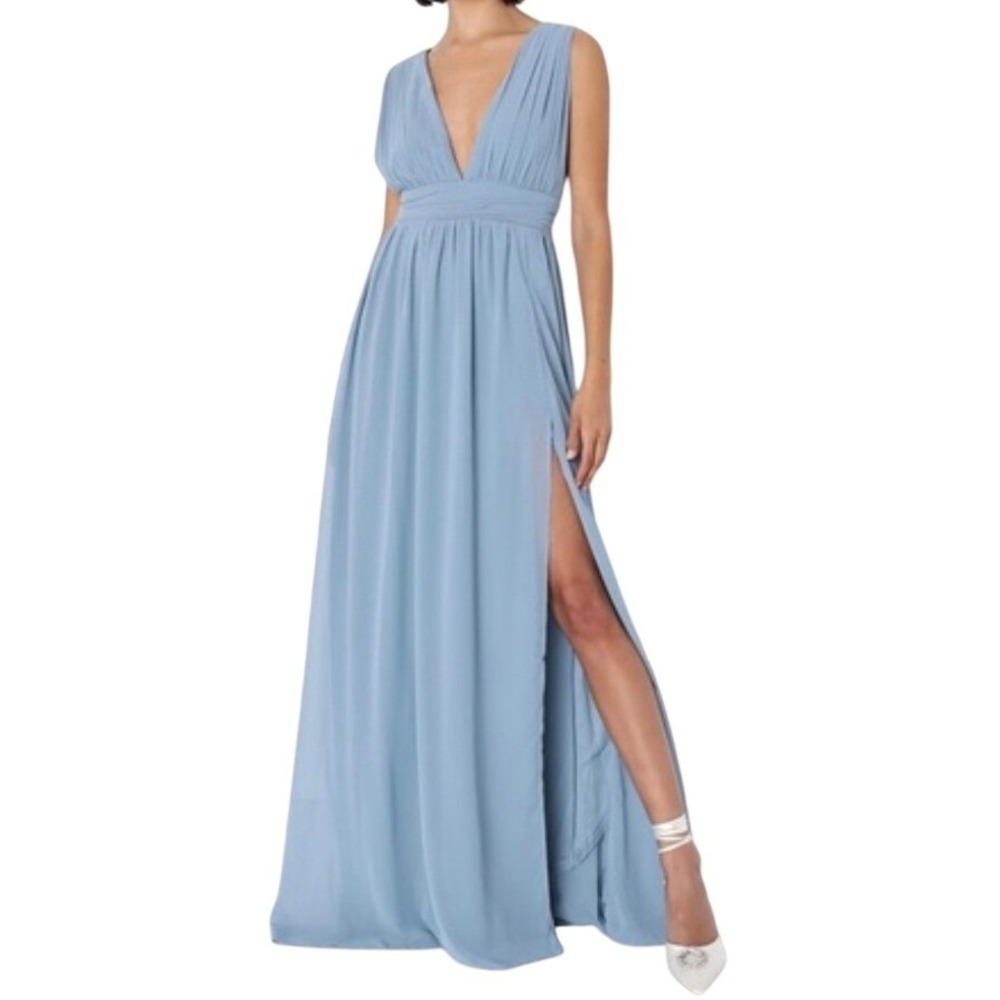 Lulus Heavenly Hues Light Blue Maxi Dress Deep V-Neck Sleeveless Sz L Formal